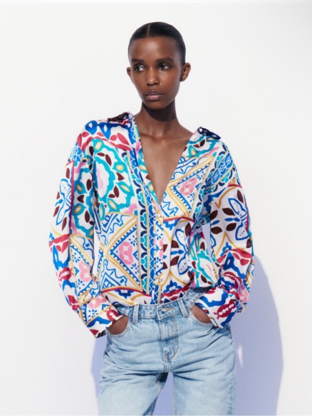 Zara Patterned V-Neck Long-Sleeve Women's Top